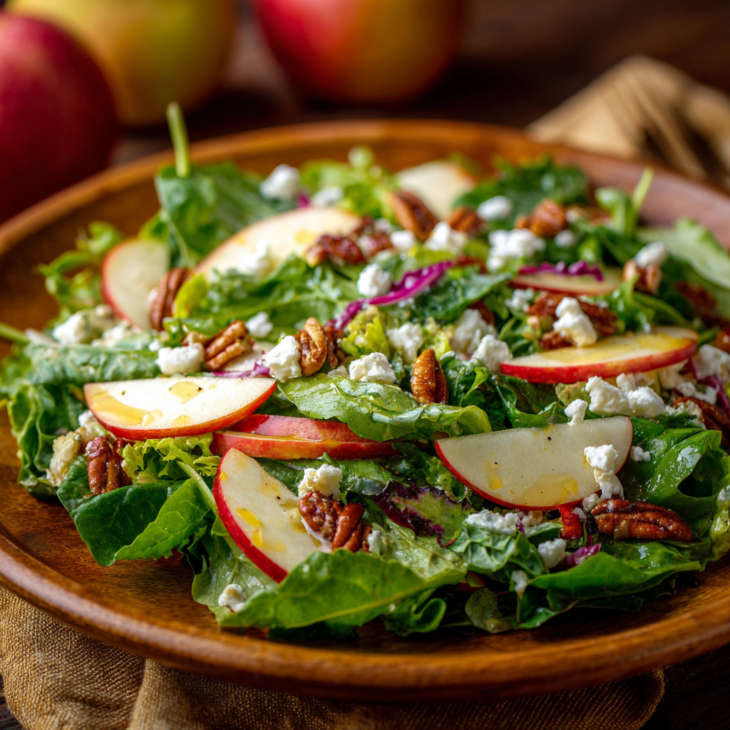 Harvest Delight: Honeycrisp Apple & Feta Salad Recipe to Celebrate Autumn 2 Fresh Honeycrisp Apple and Feta Salad with pecans on wooden plate