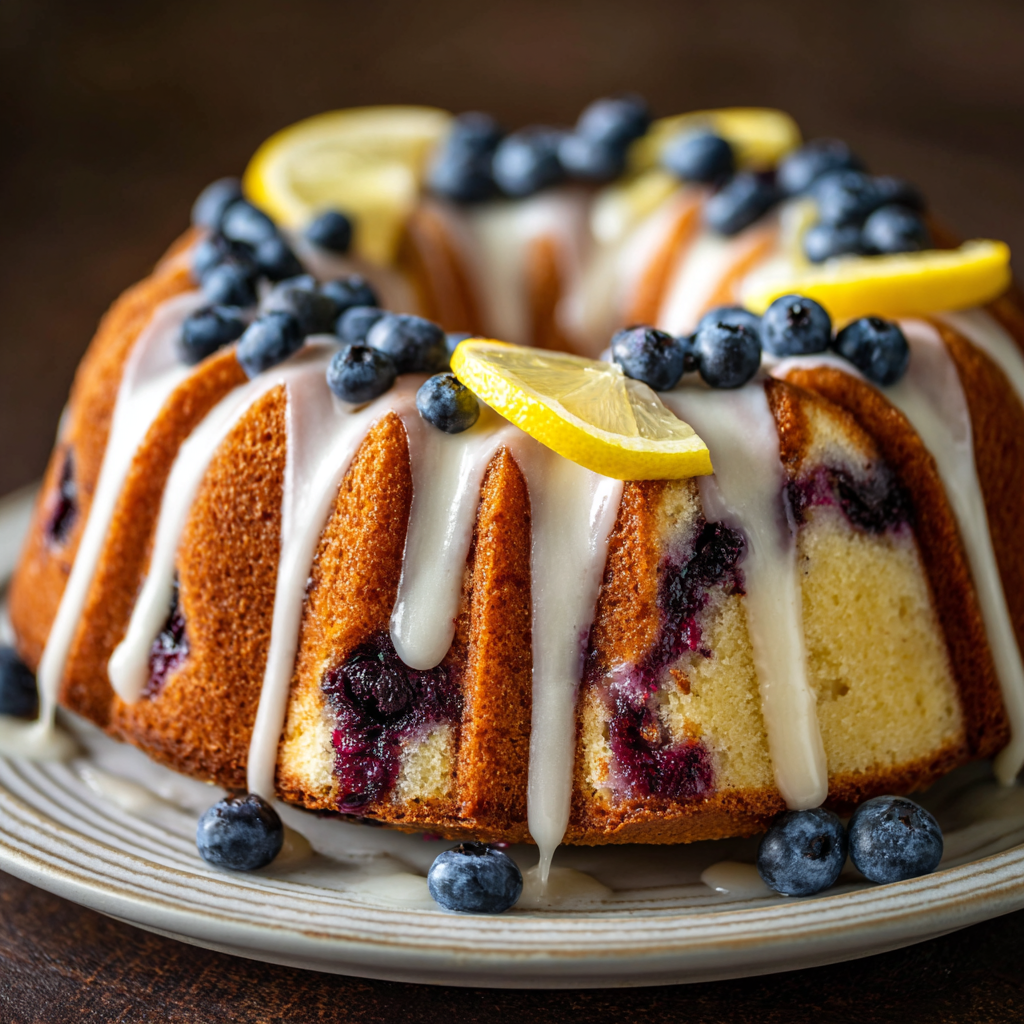 The BEST Lemon Blueberry Bundt Cake 2 A moist lemon blueberry bundt cake drizzled with lemon glaze and decorated with fresh blueberries and lemon slices on a plate, styled for food photography.