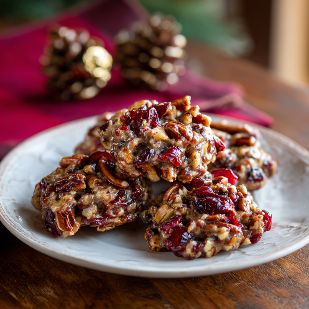 A plate of no-bake cranberry pecan praline cookies, filled with crunchy pecans and tart dried cranberries, placed on a wooden table with festive holiday decorations in the background.