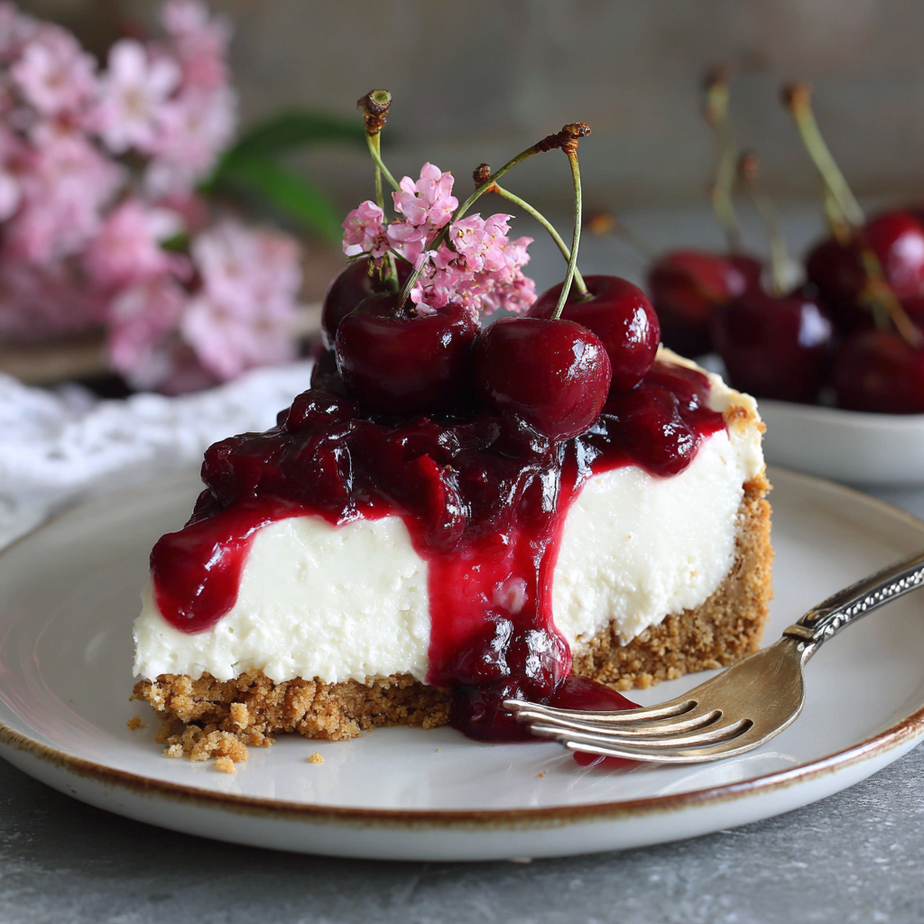 Easy No Bake Cherry Cheesecake Recipe You’ll Love 2 Slice of no bake cherry cheesecake with graham cracker crust, topped with glossy cherry sauce, fresh cherries, and pink flower garnish on a white plate with a fork