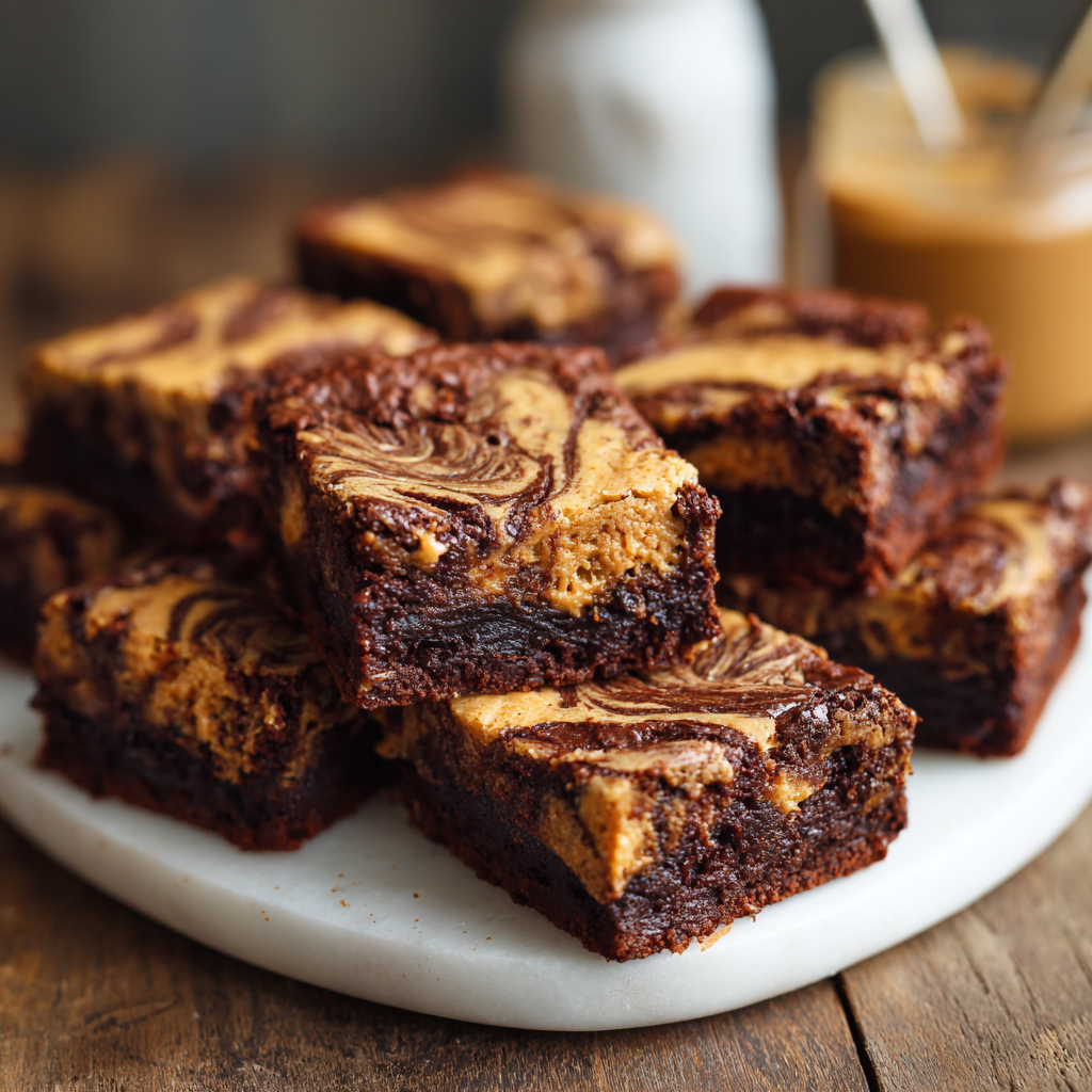 Peanut Butter Swirl Brownies – A Perfect Blend of Chocolate and Peanut Butter 2 A stack of rich Peanut Butter Swirl Brownies with dark chocolate layers and creamy peanut butter swirls, displayed on a white marble plate with a blurred jar of peanut butter in the background.
