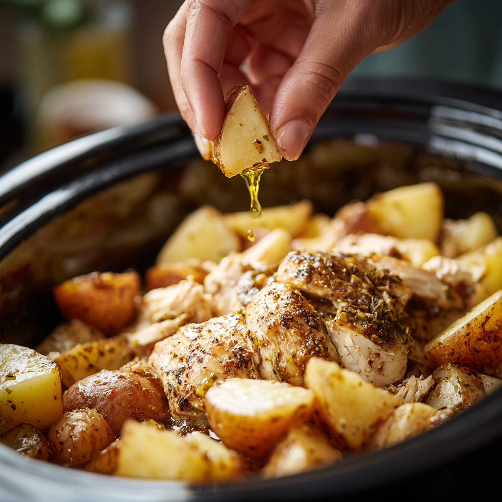 Garlic Parmesan Crockpot Chicken and Potatoes 2 Hand placing seasoned potato into Crockpot filled with garlic parmesan chicken and potatoes