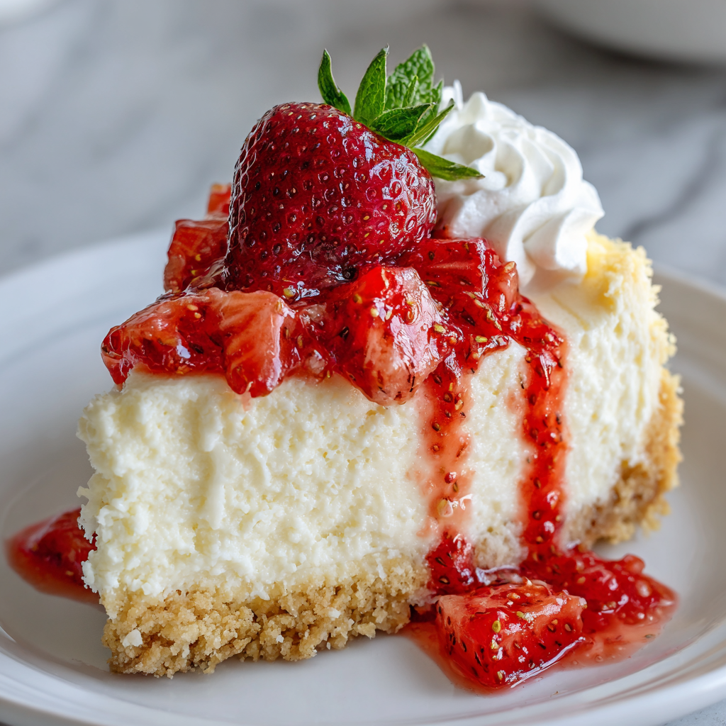 Quick & Easy Keto Cheesecake | The Best 15-Minute No Bake Dessert 2 A slice of creamy no-bake strawberry cheesecake topped with fresh strawberries, strawberry sauce, whipped cream, and mint garnish on a white plate.