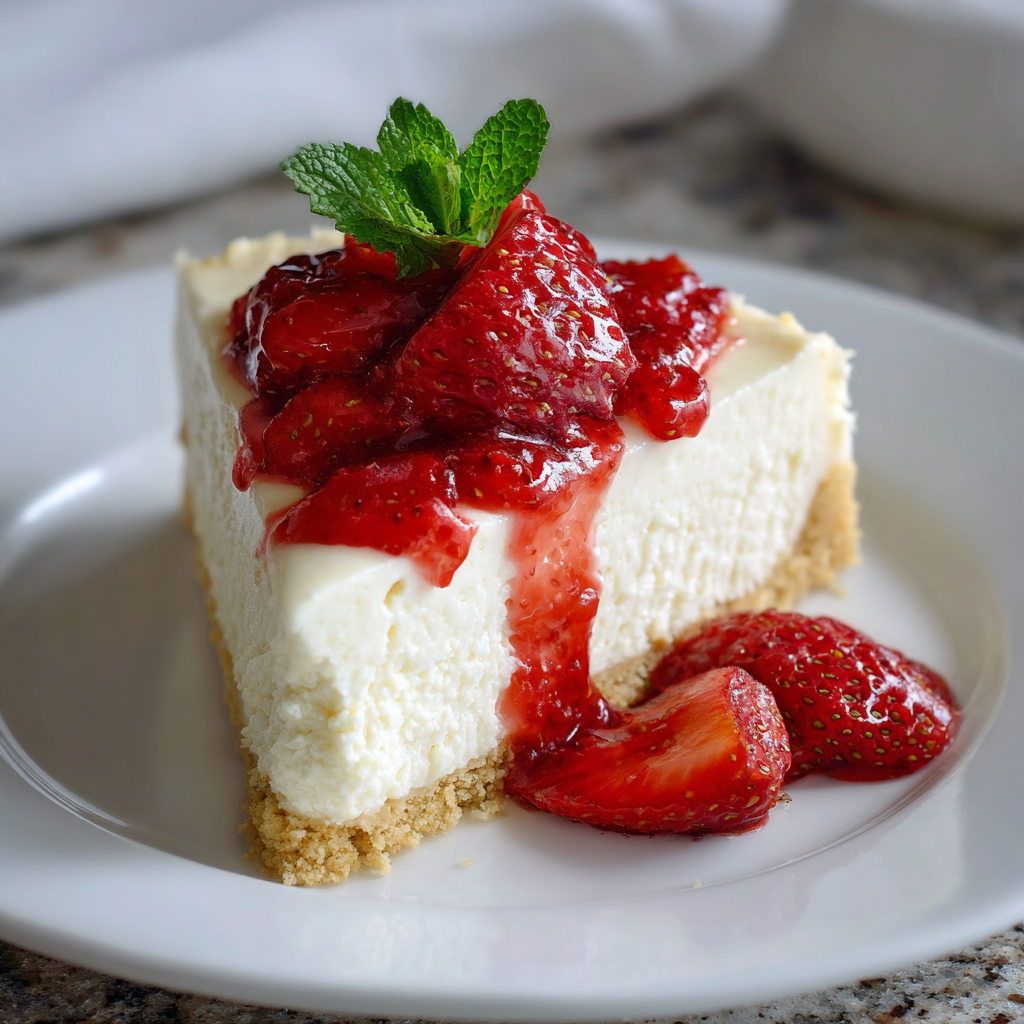 Quick & Easy Keto Cheesecake | The Best 15-Minute No Bake Dessert 1 Slice of creamy no bake keto cheesecake with almond flour crust, topped with fresh strawberry sauce and mint on a white plate.
