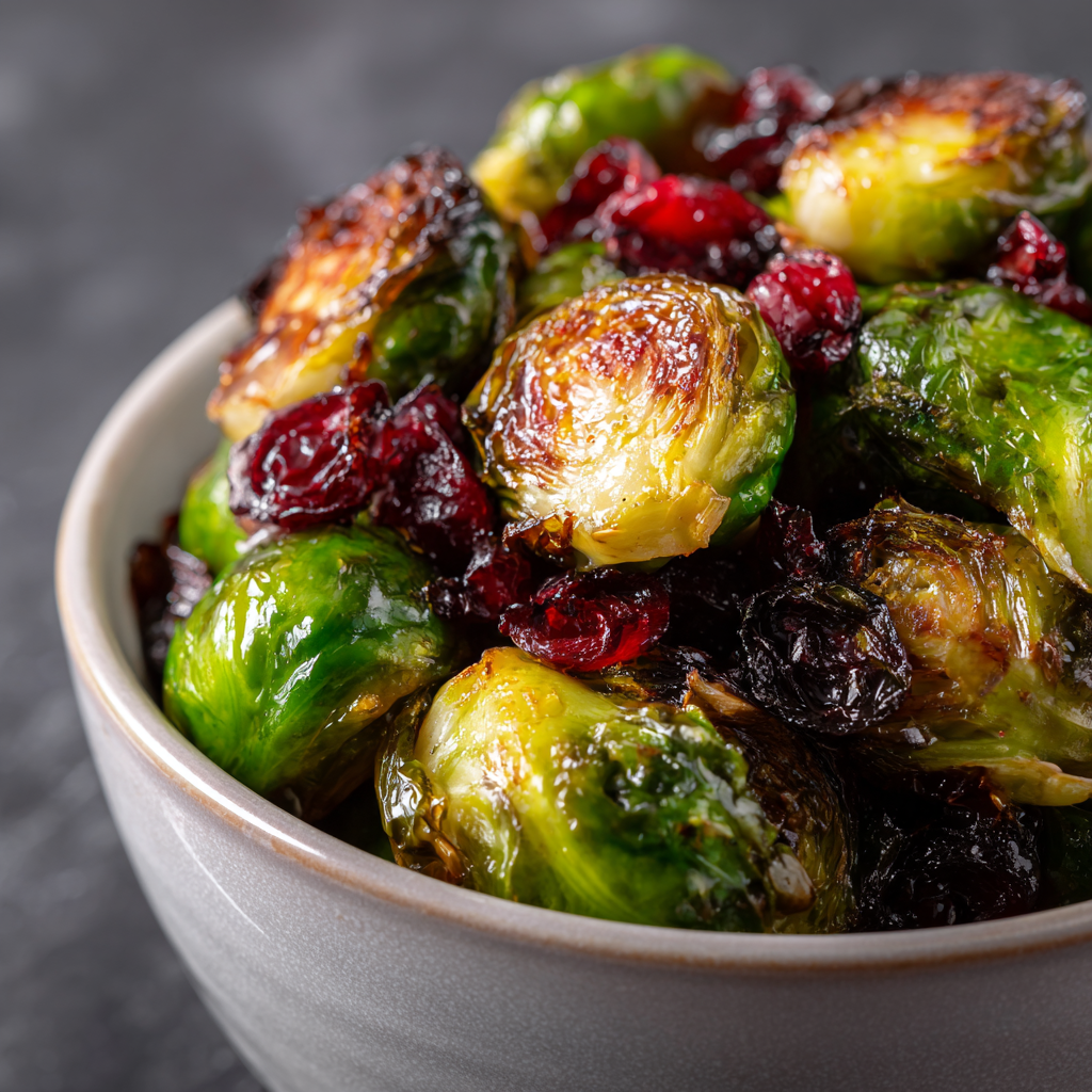 Roasted Brussels Sprouts with Cranberries | 7 Irresistible Flavor Boosts 2 Bowl of roasted Brussels sprouts with caramelized edges and sweet cranberries, served in a white ceramic bowl on a dark background