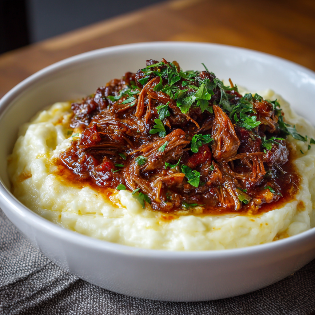Short Rib Ragu with Silky Parmesan Mashed Potatoes – The Ultimate Comfort Meal 7 Short rib ragu served over creamy Parmesan mashed potatoes in a white bowl