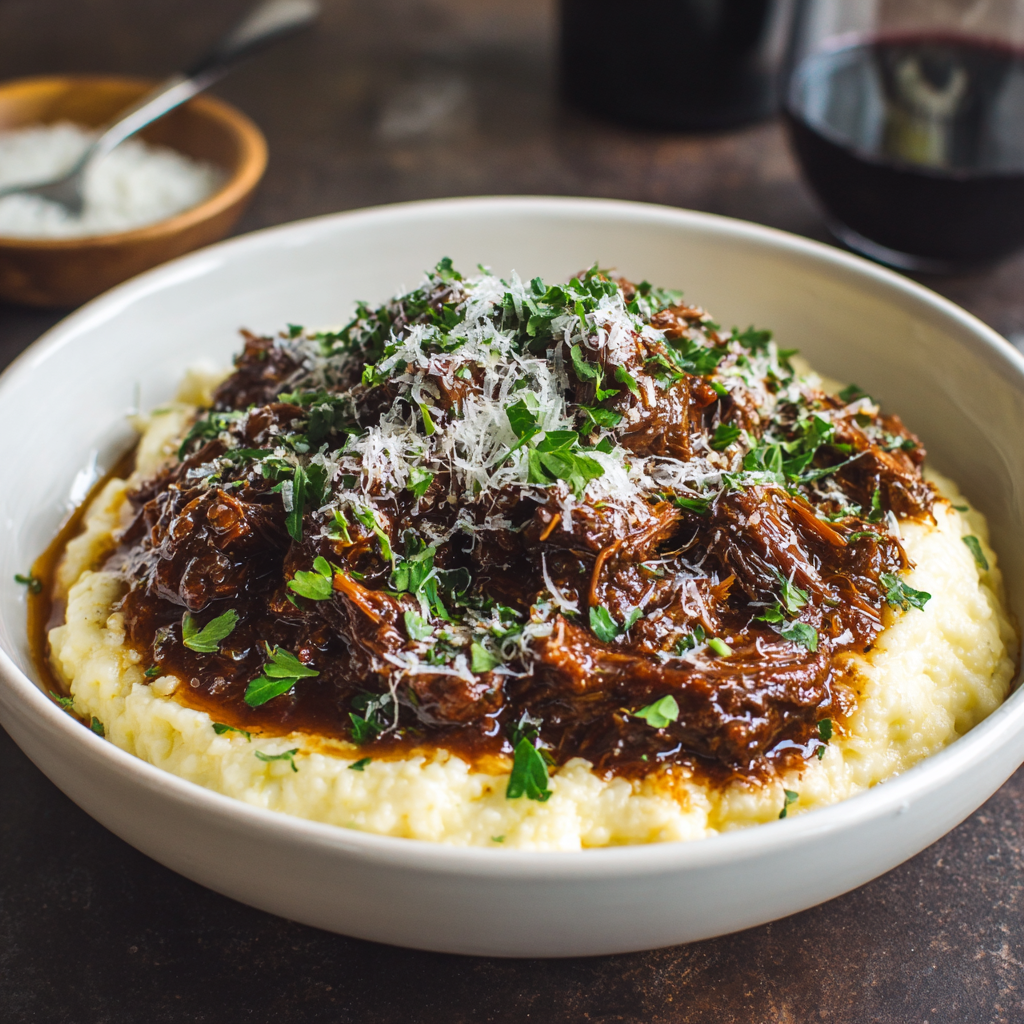 Short Rib Ragu with Silky Parmesan Mashed Potatoes – The Ultimate Comfort Meal 2 Slow-braised short rib ragu served over creamy Parmesan mashed potatoes, topped with freshly grated cheese and parsley in a white bowl.