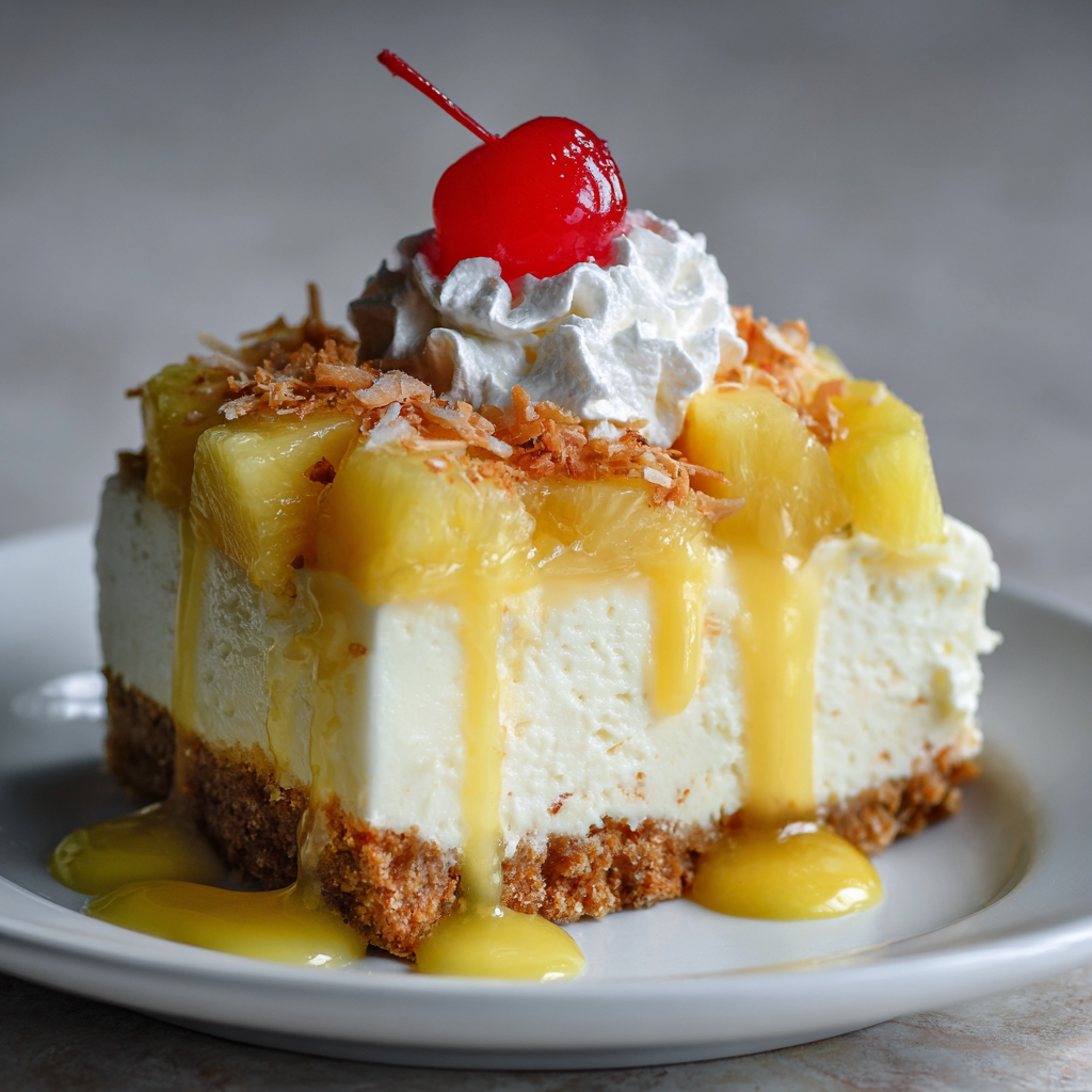 Tropical No-Bake Pina Colada Cheesecake: A Creamy Island-Inspired Dessert 2 A tropical no-bake pina colada cheesecake bar topped with pineapple chunks, toasted coconut, whipped cream, and a cherry, with pineapple glaze dripping down the sides.