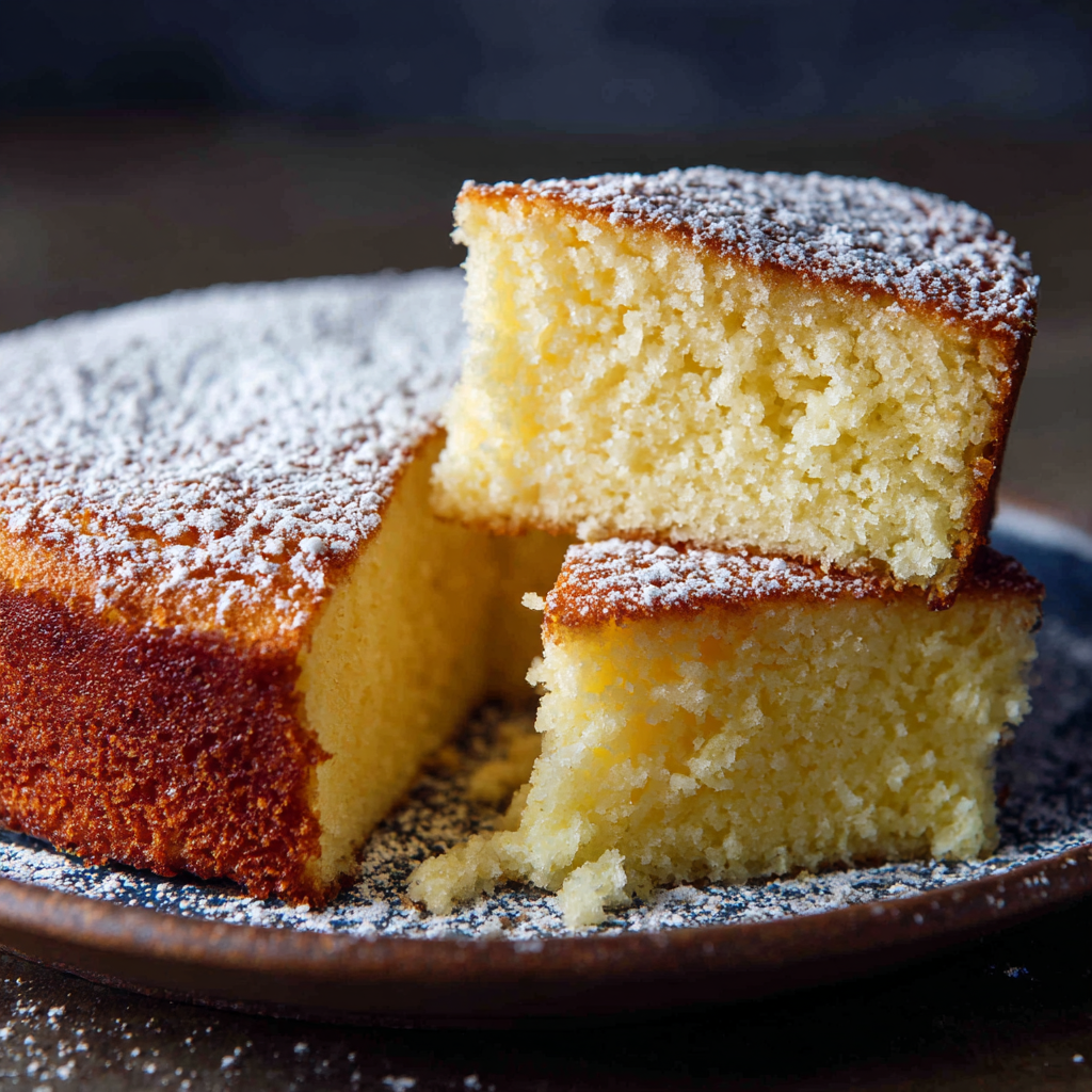 French Butter Cake – The Ultimate Butter Cake Recipe for Perfect Results 2 A moist French butter cake dusted with powdered sugar, sliced and served on a plate.