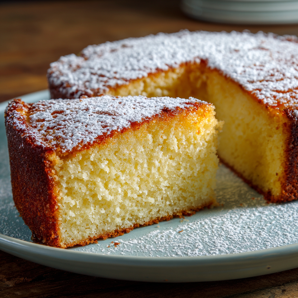 French Butter Cake – The Ultimate Butter Cake Recipe for Perfect Results 5 A moist French butter cake topped with powdered sugar, golden crust, and soft fluffy texture on a plate.