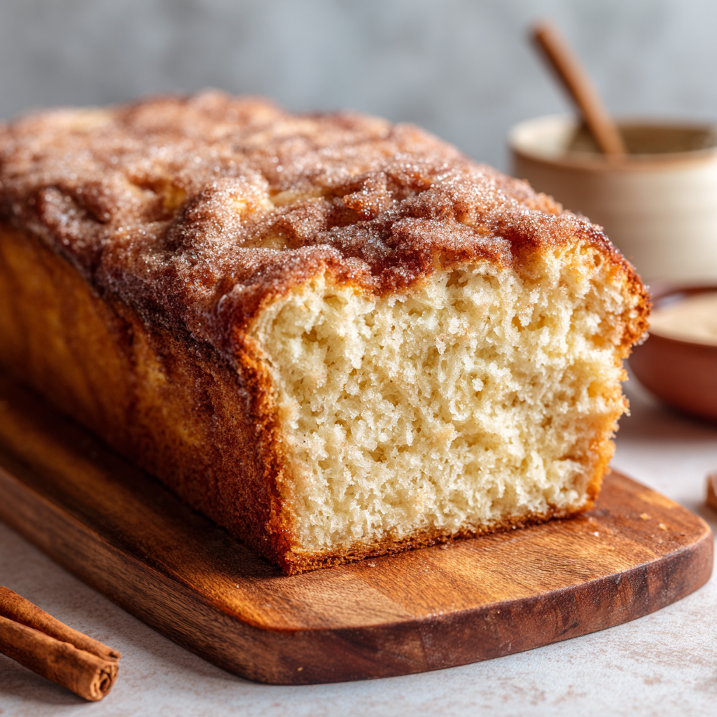 Cozy Cinnamon Sugar Donut Bread Recipe – A Warm, Irresistible Treat 2 Freshly baked cinnamon sugar donut bread loaf with a golden brown cinnamon crust on a wooden board