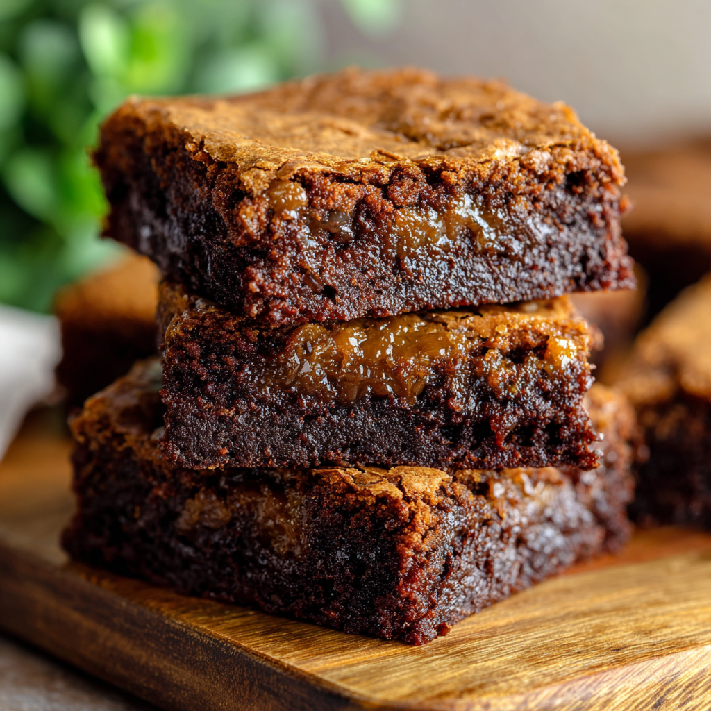 Ultimate Fudgy Chewy Brookies Recipe: Gooey Brownie Meets Cookie Bliss 2 Close-up of gooey fudgy chewy brookies stacked on wooden board with caramel-like centers