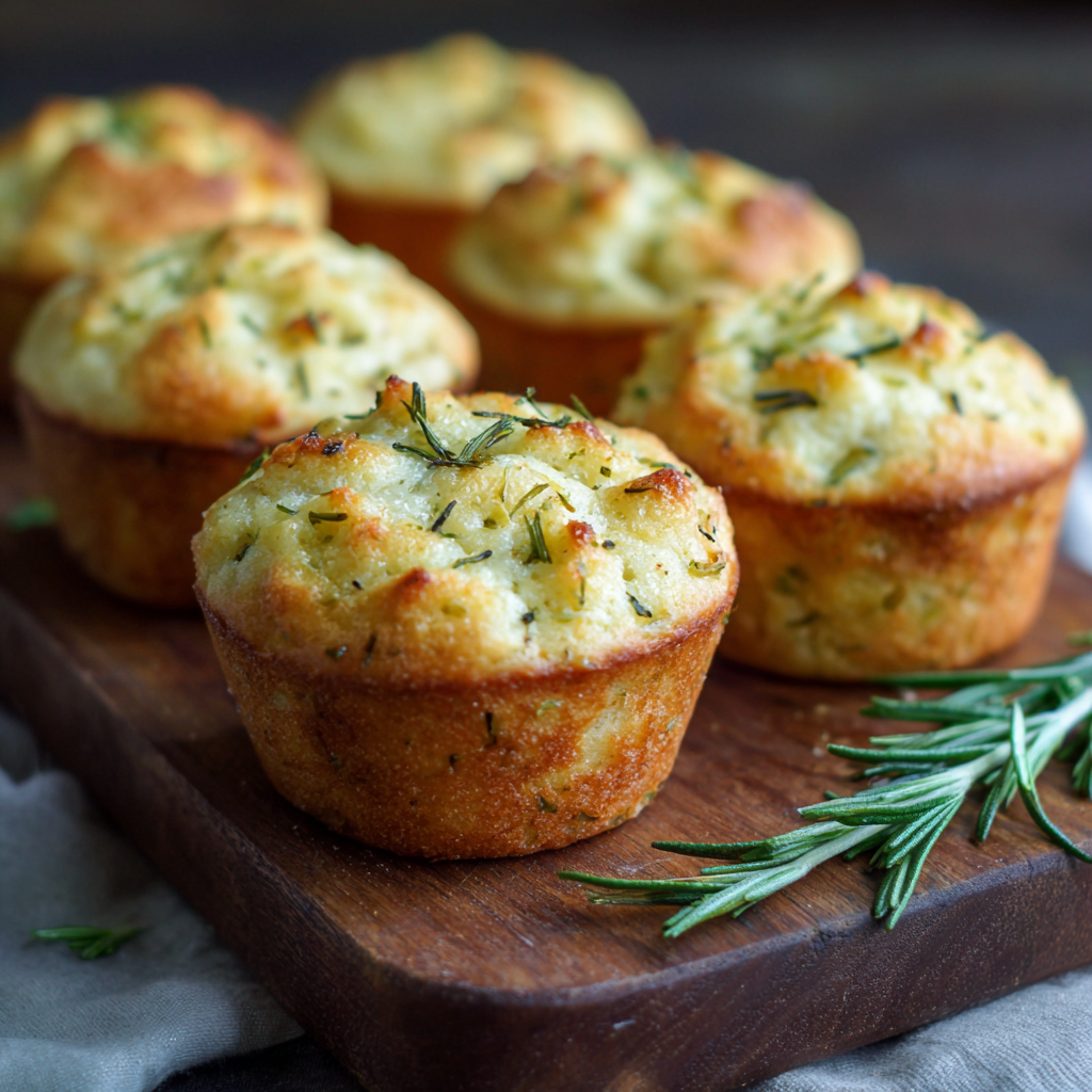 Garlic Rosemary Focaccia Muffins: A Flavorful Italian-Inspired Bread Recipe 7 Freshly baked garlic rosemary focaccia muffins on a wooden board, topped with golden crust and fresh rosemary sprigs.