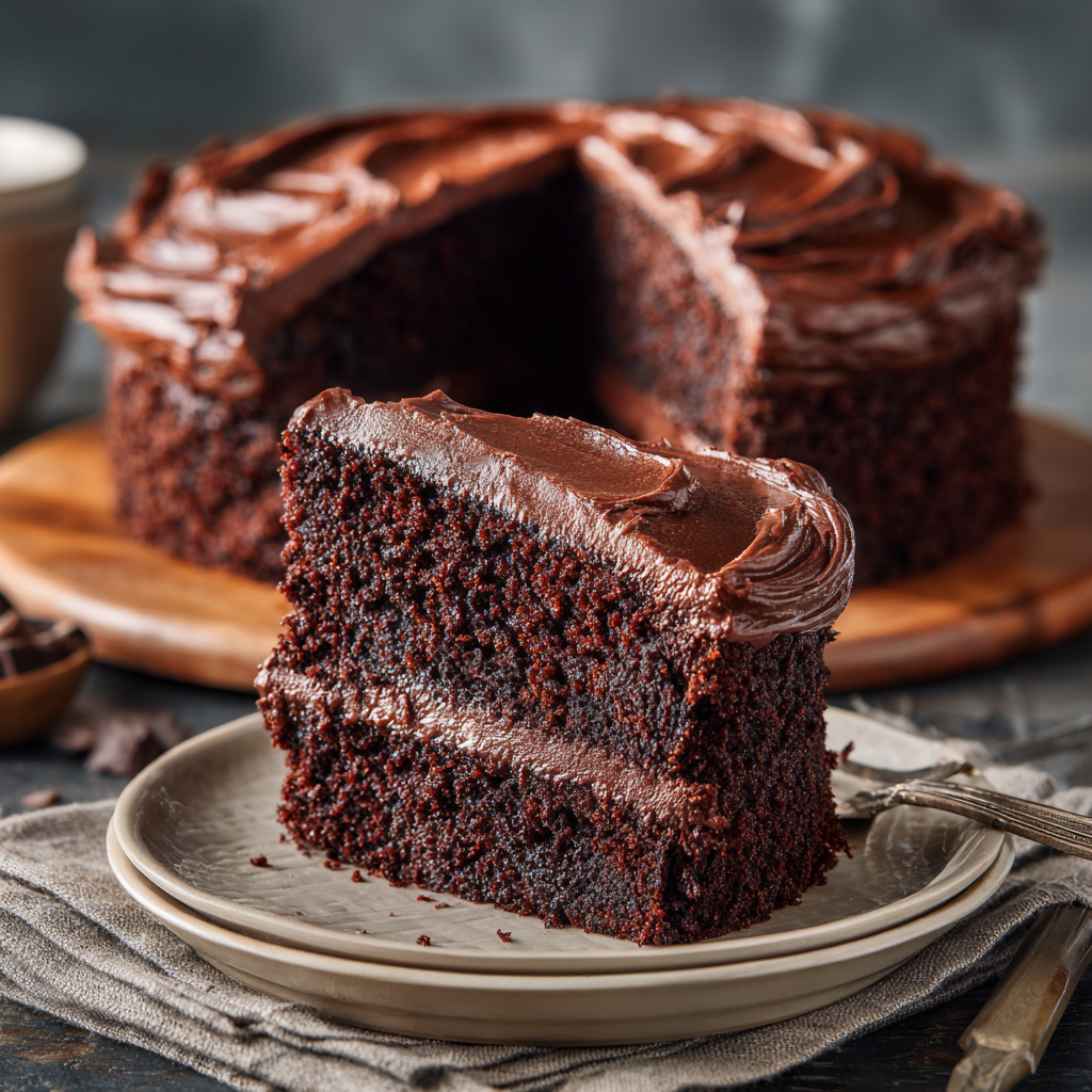 Hershey's Chocolate Cake Recipe – 5 Steps to Rich & Moist Flavor 10 Hershey's Chocolate Cake Recipe with a slice served on a plate