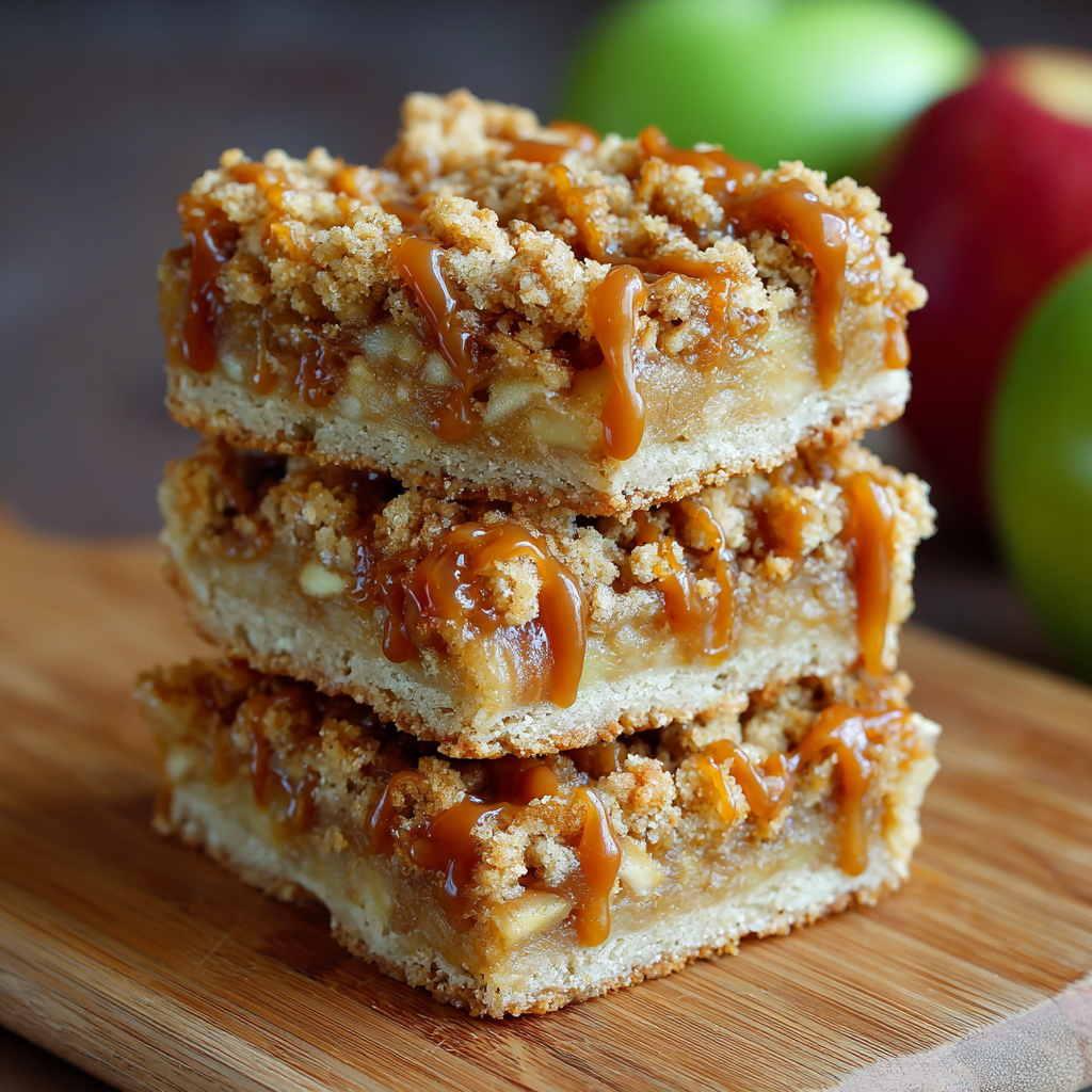 Irresistible Caramel Apple Crumble Bars for Fal 9 Three stacked caramel apple crumble bars on a wooden board, with gooey caramel drizzle and crumb topping, featuring layers of spiced apples and buttery crust, with fresh apples blurred in the background