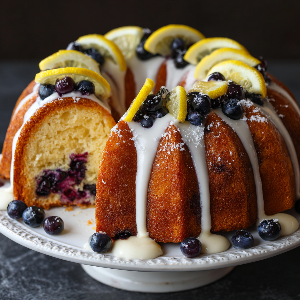 The BEST Lemon Blueberry Bundt Cake 4 Moist lemon blueberry bundt cake topped with lemon glaze, fresh blueberries, and lemon slices on a cake stand