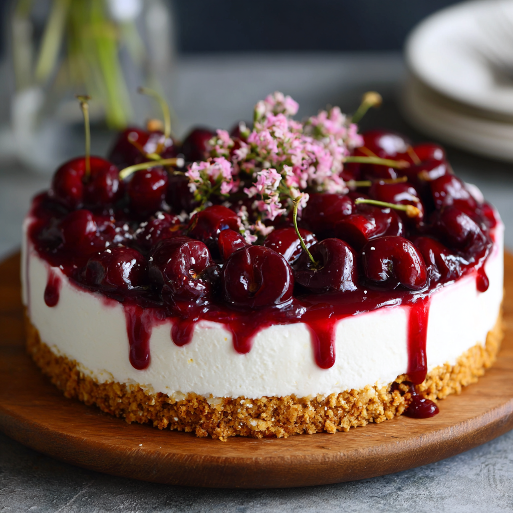 Easy No Bake Cherry Cheesecake Recipe You’ll Love 3 No bake cherry cheesecake with graham cracker crust, creamy cheesecake filling, and cherry topping garnished with pink flowers on a wooden board