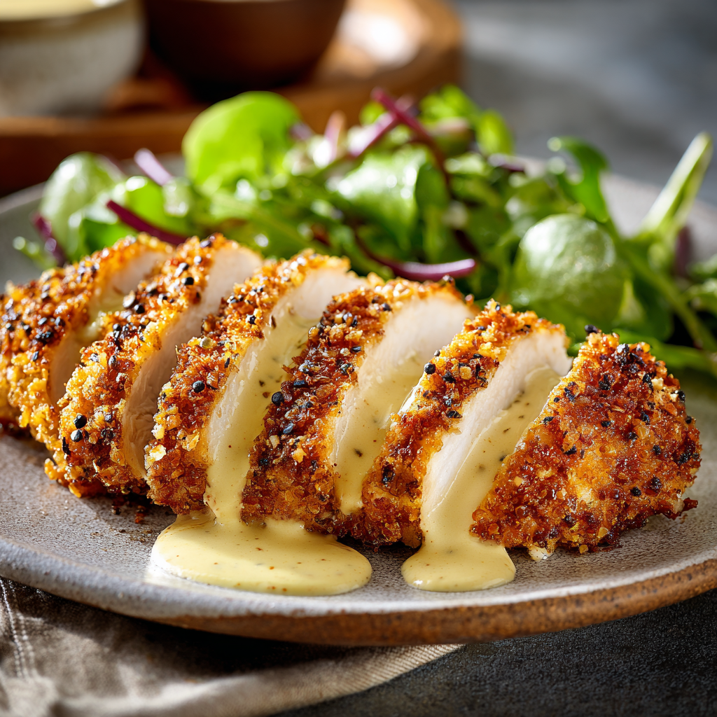 Pretzel Chicken with Mustard-Cheddar Sauce – Crispy & Cheesy Dinner Idea 6 Sliced pretzel-crusted chicken breast drizzled with mustard-cheddar sauce, served with a fresh green salad