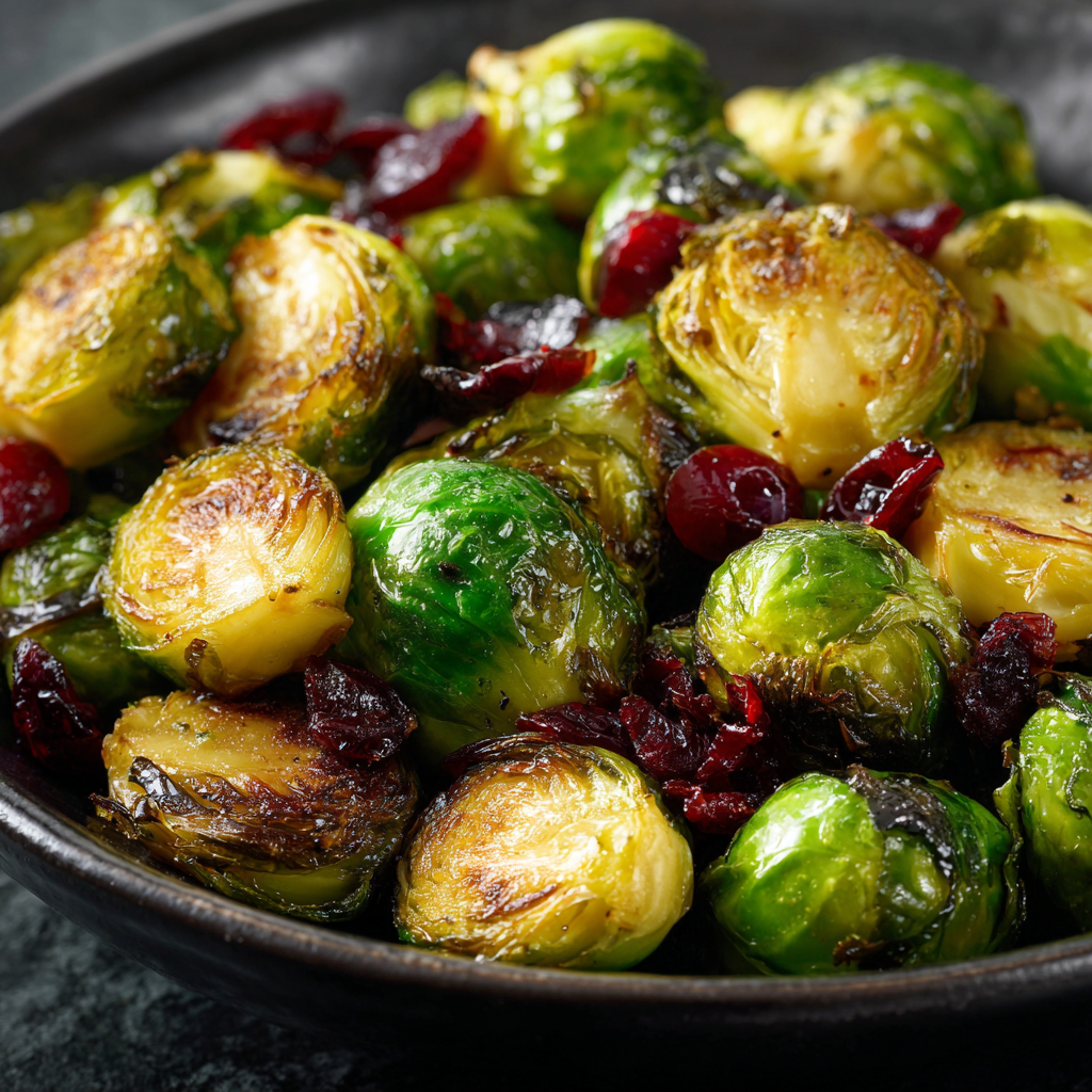Roasted Brussels Sprouts with Cranberries | 7 Irresistible Flavor Boosts 6 Roasted Brussels sprouts with cranberries in a black bowl, glistening and caramelized