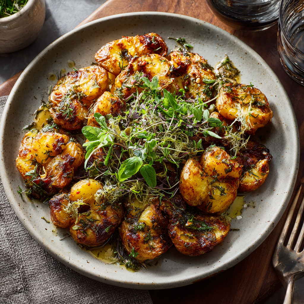 Smashed potatoes plant-forward recipe served with herbs and olive oil