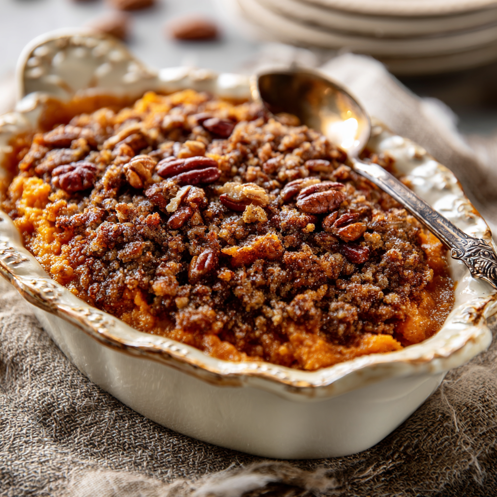 Sweet Potato Casserole with Pecan Topping – The Ultimate Holiday Side Dish 5 Baked sweet potato casserole topped with golden pecans in a white scalloped ceramic dish – perfect for Thanksgiving or holiday dinner