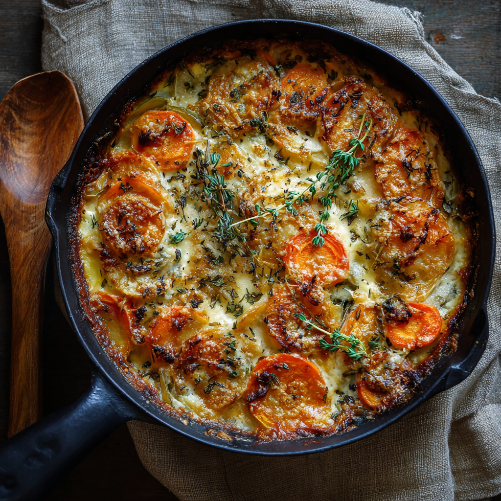 Cheesy Root Vegetable Gratin: A Heartwarming Comfort Bake 2 Top view of cheesy root vegetable gratin baked in a cast iron skillet with golden crust and fresh thyme garnish