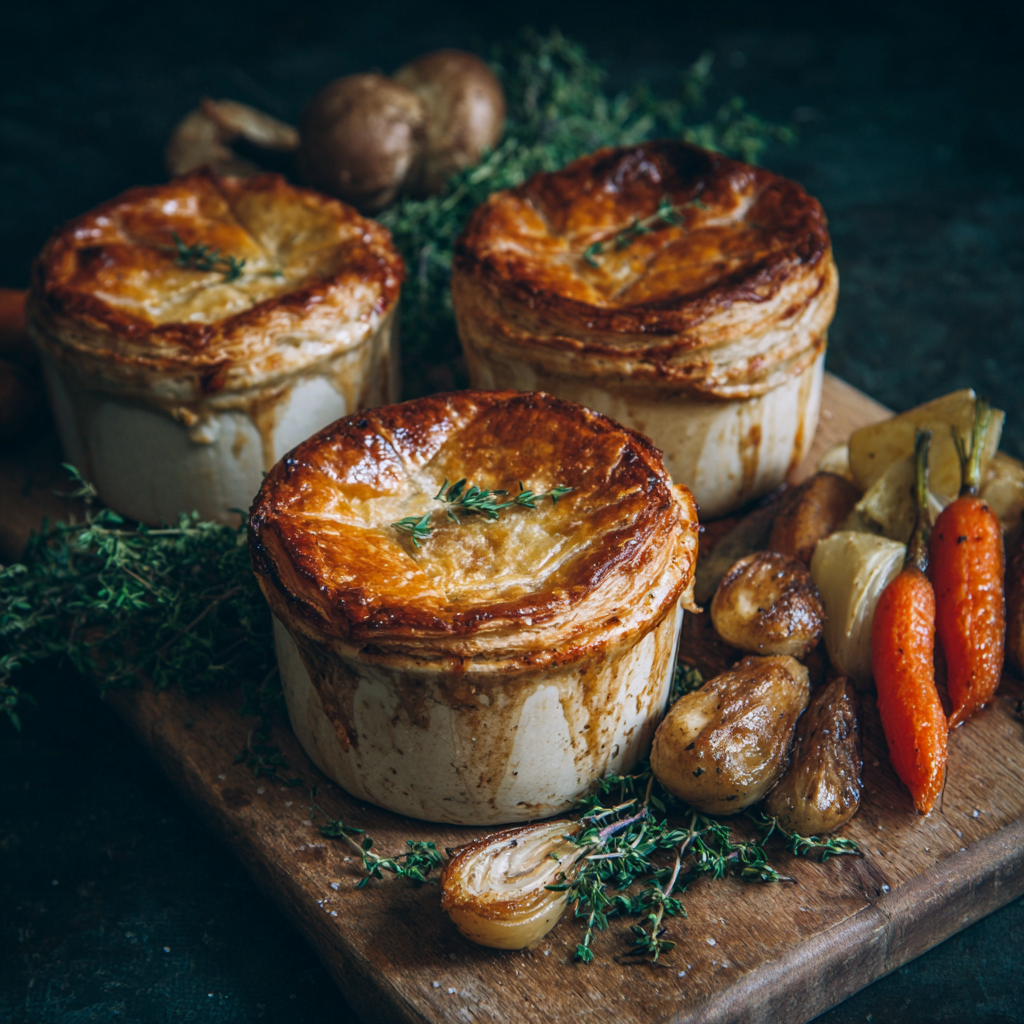 Roasted Autumn Vegetable Pot Pies – Hearty, Flavorful, Seasonal Comfort 2 Golden roasted autumn vegetable pot pies in ceramic ramekins with flaky puff pastry crust, surrounded by roasted carrots, potatoes, shallots, and fresh thyme on a wooden board