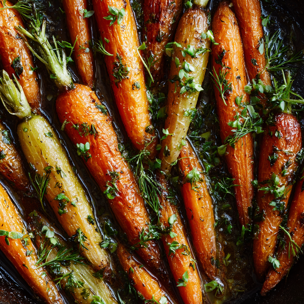 Honey-Roasted Carrots with Herbs: A Sweet & Savory Vegetable Side 2 Glazed honey-roasted carrots with fresh herbs in a skillet