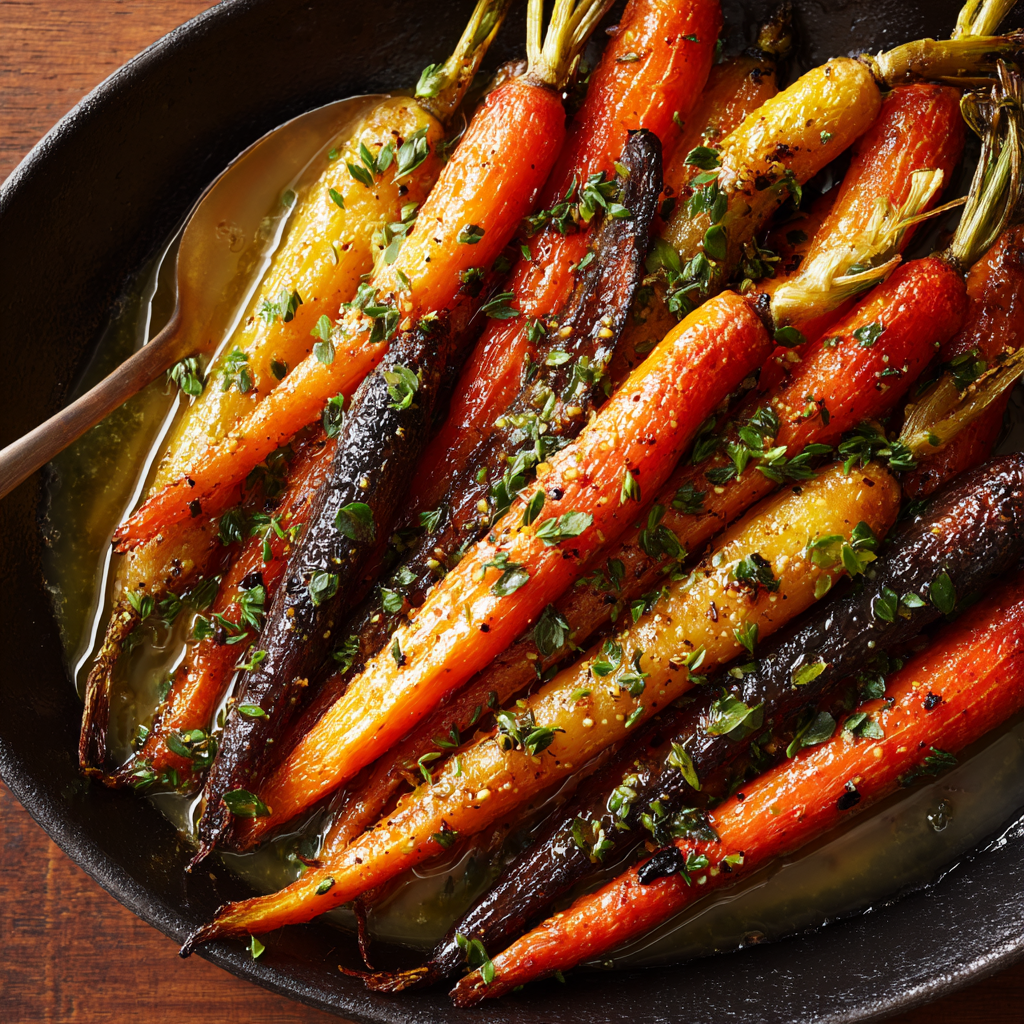 Honey-Roasted Carrots with Herbs: A Sweet & Savory Vegetable Side 3 Honey-roasted carrots with herbs served in a cast iron skillet