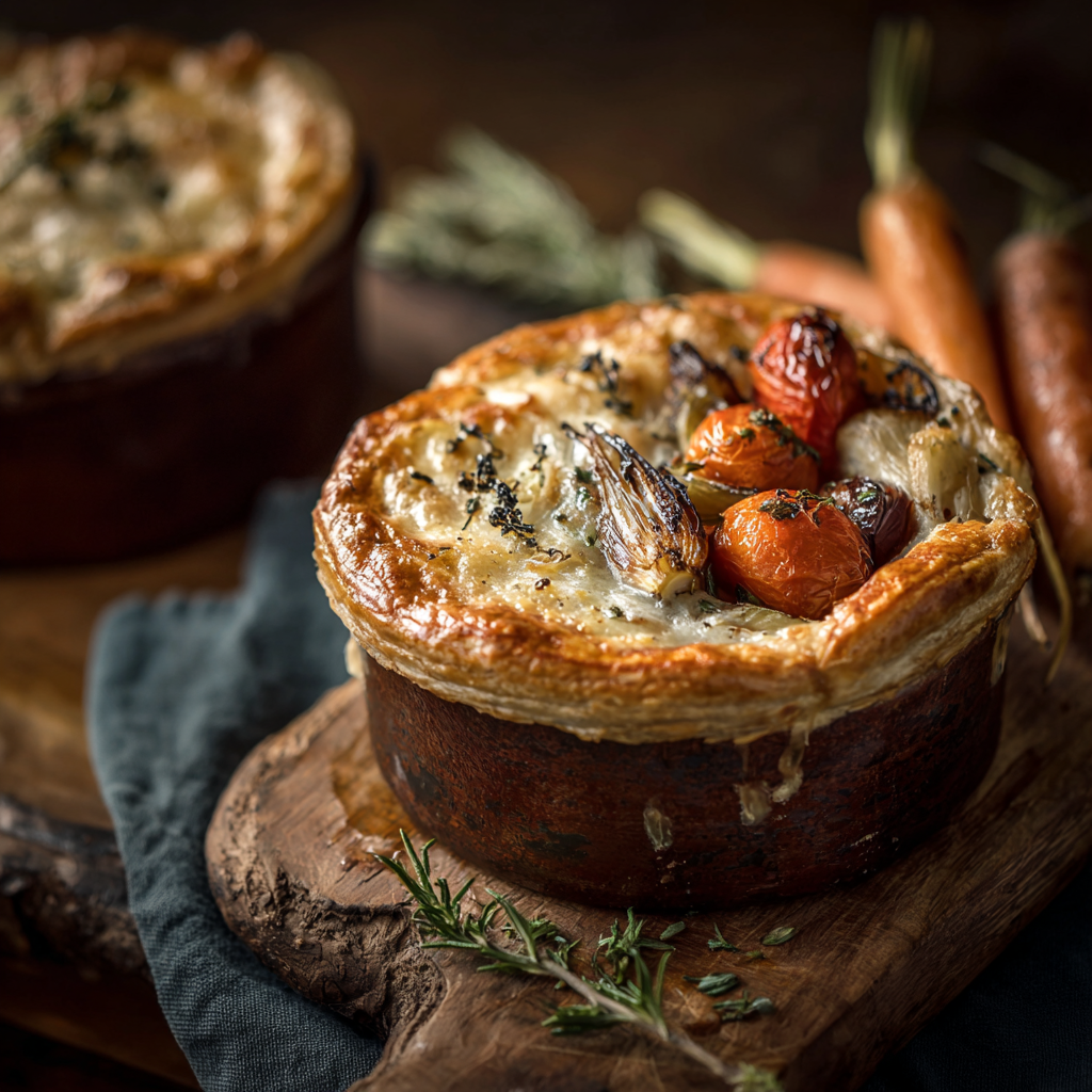 Roasted Autumn Vegetable Pot Pies – Hearty, Flavorful, Seasonal Comfort 1 Golden roasted autumn vegetable pot pies with flaky crust, filled with carrots, shallots, and cherry tomatoes, served on a rustic wooden board